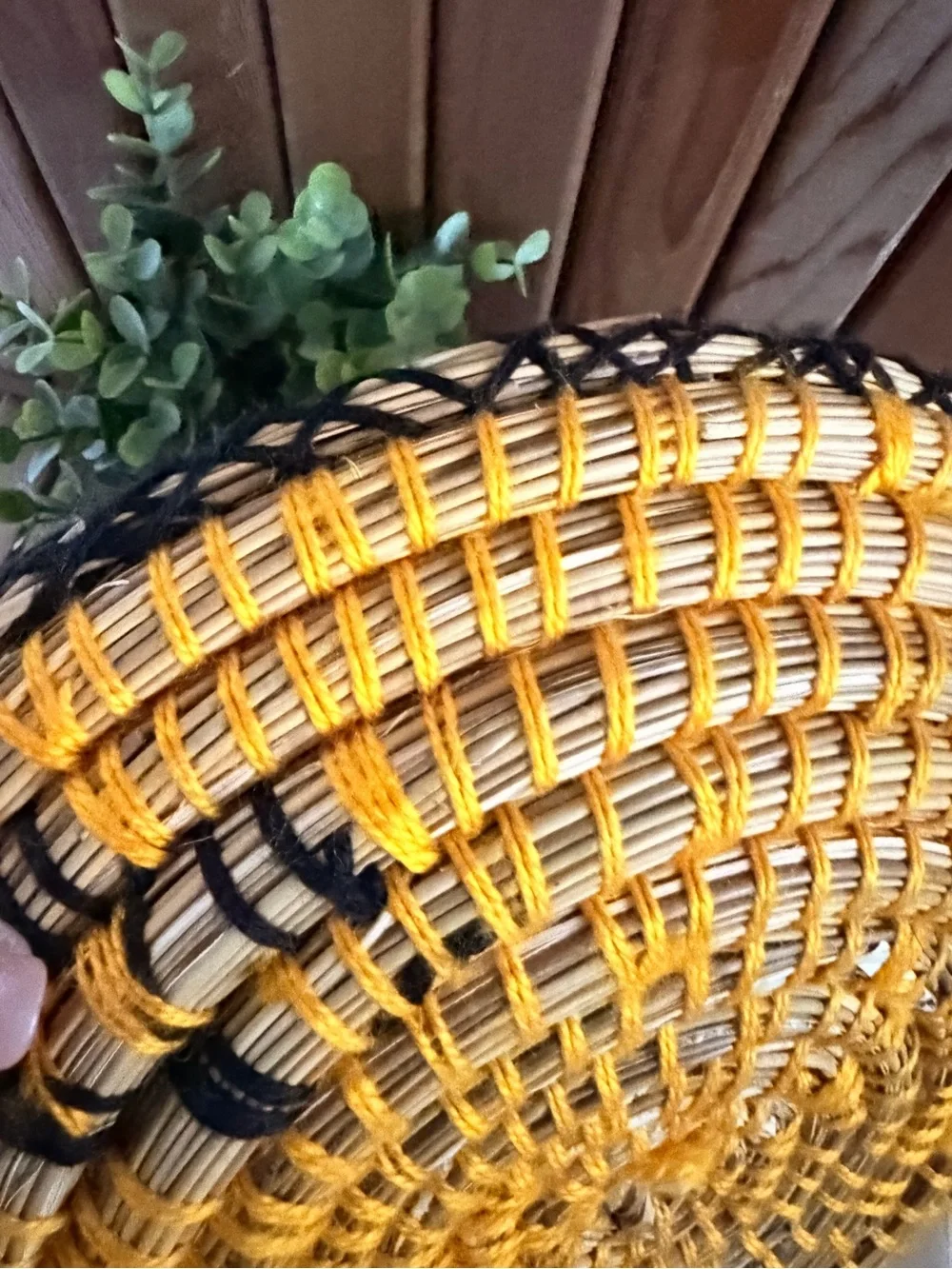 Handwoven Boho Lattice Border Wall Basket, Black + Golden Yellow Vintage-Style